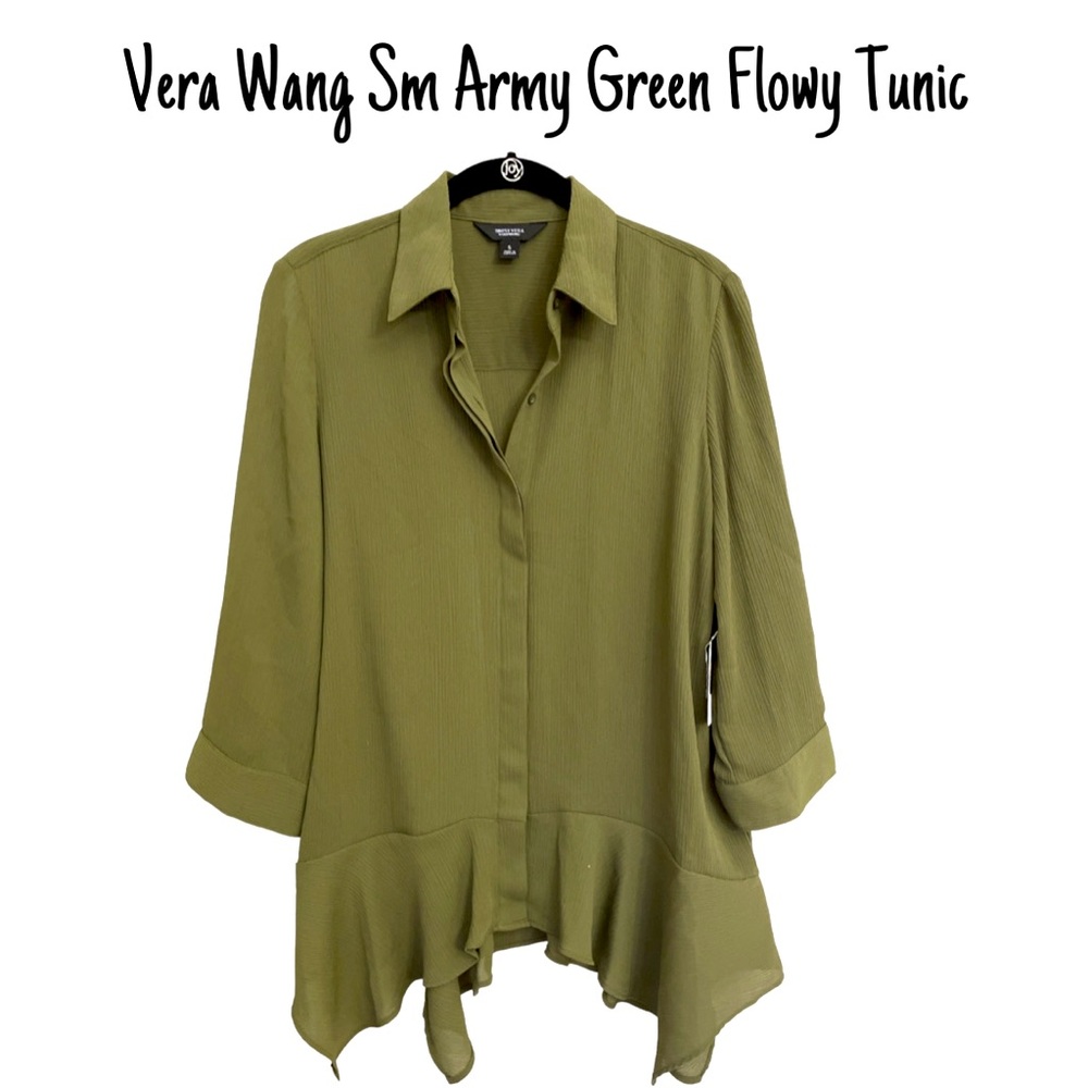 NWT Vera Wang Sm Army Green A-Line Tunic W/Shark Bite Hem & Breezy Material